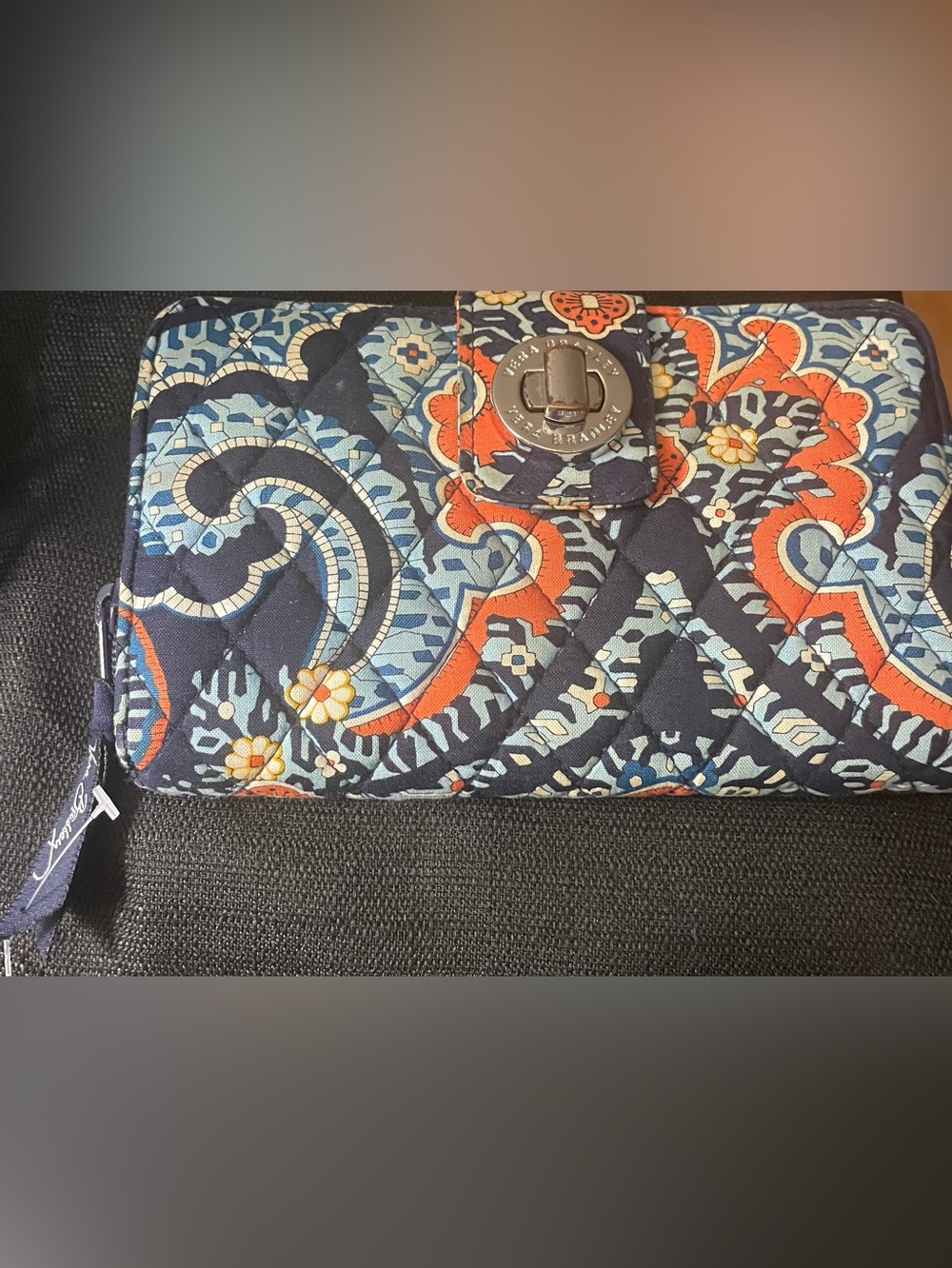 Vera Bradley Quilted Wallet in Navy, Light Blue and Orange Floral Pattern